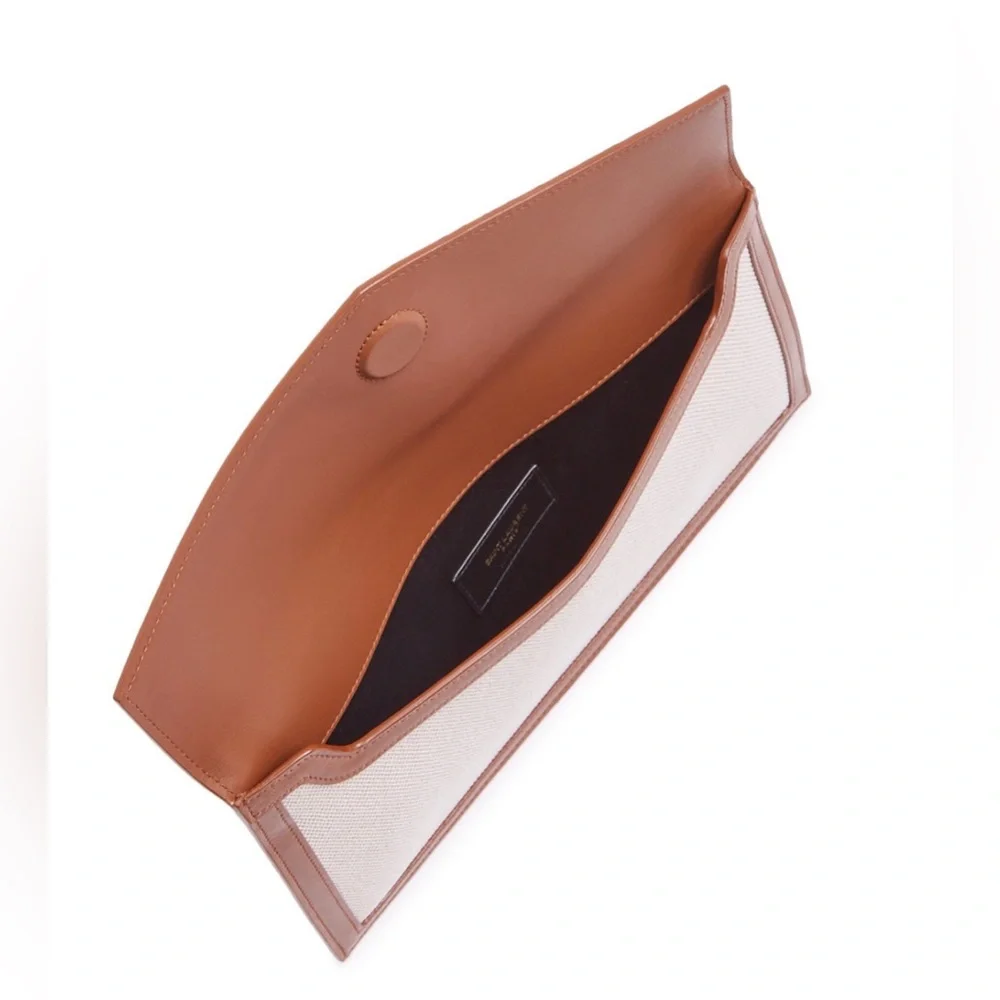 Saint Laurent Uptown Clutch Beige Canvas Tan Leather YSL $730 - Picture 3 of 10